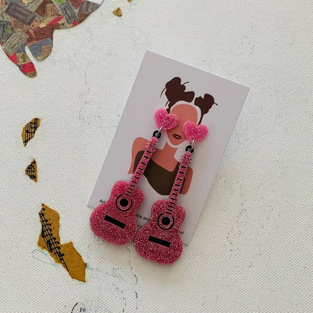 Pink Glitter Guitar and Heart Charm Drop Barbiecore Eras Statement Earrings